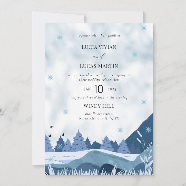 Invitación Elegante acuarela Pine Mountain Winter Wedding (Anverso)