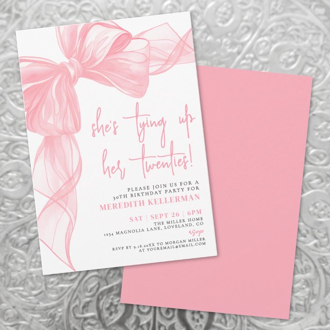 Invitación Elegante acuarela Pink Bow Birday Party (Elegant Watercolor Pink Bow Birthday Party Invitation)