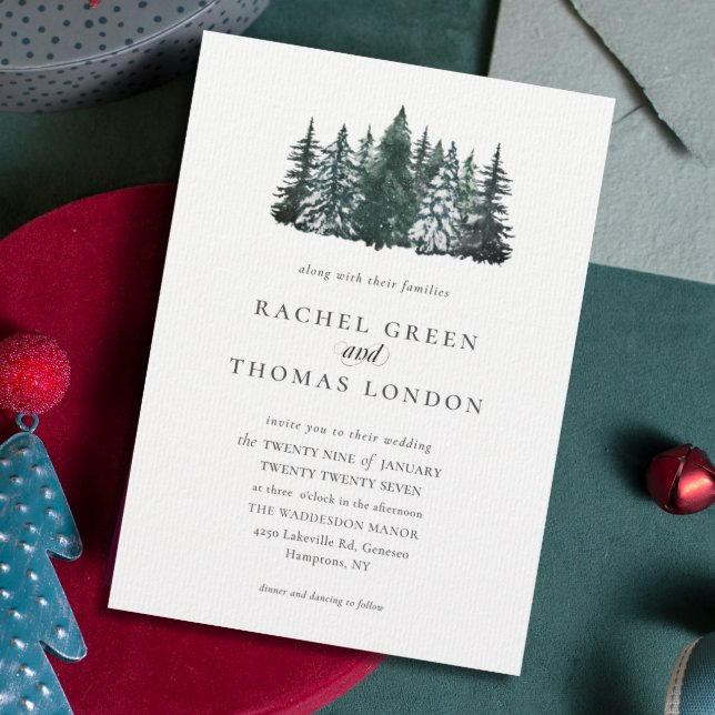 Invitación Elegante acuarela Pinos Boda de Invierno (Elegant Watercolor Pine trees Winter Wedding Invitation)