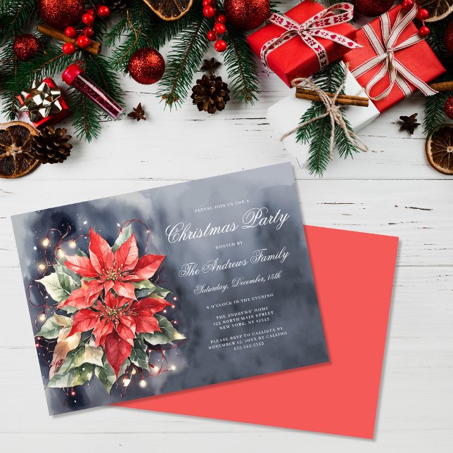 Invitación Elegante acuarela Poinsettia iluminó a Navidades (Subido por el creador)