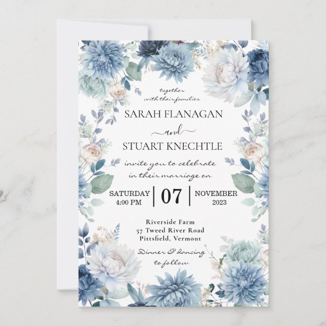 Invitación Elegante acuarela polvorienta boda de flores azule (Anverso)