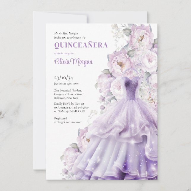 Invitación Elegante acuarela polvoriento vestido formal púrpu (Anverso)