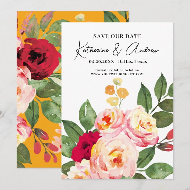Invitación Elegante acuarela Primavera Floral Salvar La Fecha (Anverso / Reverso)
