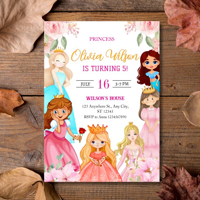 Invitación Elegante acuarela Princesas cumpleaños floral (Elegant Watercolor Princesses Floral Birthday Invitation
)