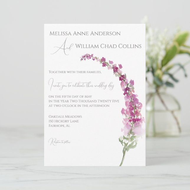 Invitación Elegante acuarela Purple Delphinium Floral (Anverso de pie)