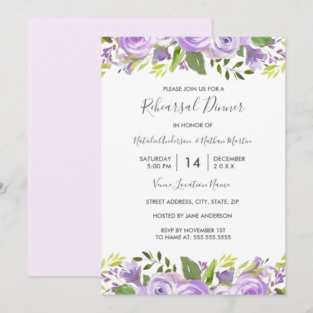 Invitación Elegante acuarela Purple Floral Ensayo Cena (Anverso / Reverso)