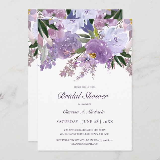 Invitación Elegante acuarela Purple Flowers Bridal Shower (Anverso / Reverso)