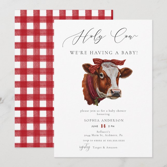 Invitación Elegante acuarela Red Holy Cow Baby Shower (Anverso / Reverso)