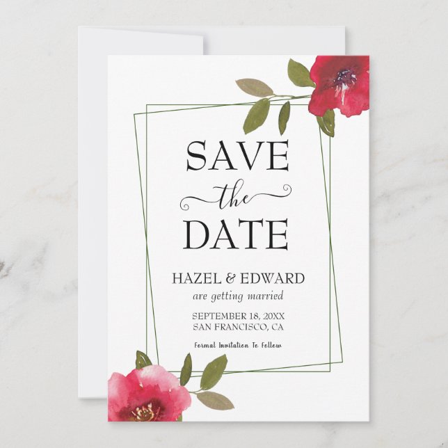 Invitación Elegante acuarela Red Rose Floral Guardar la fecha (Anverso)