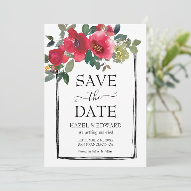 Invitación Elegante acuarela Red Rose Floral Guardar la fecha (Anverso de pie)