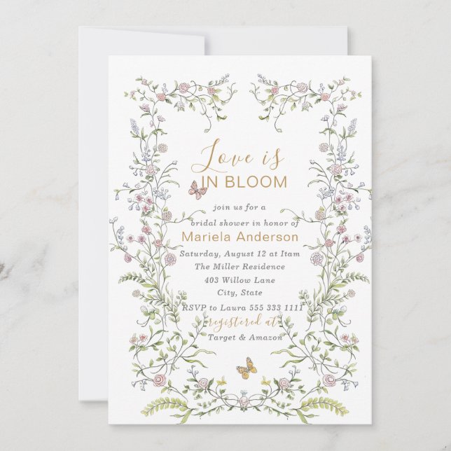 Invitación Elegante acuarela Retro Flores doradas Nodal Sh (Anverso)