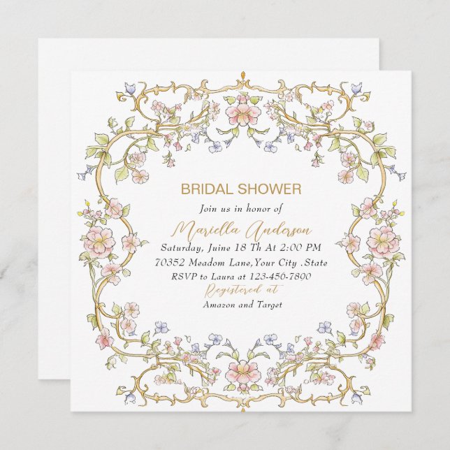 Invitación Elegante acuarela Retro Flores enmarcadas Espectác (Anverso / Reverso)