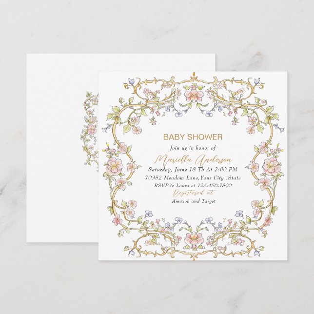 Invitación Elegante acuarela Retro Flores Marco Baby Shower (Anverso / Reverso)