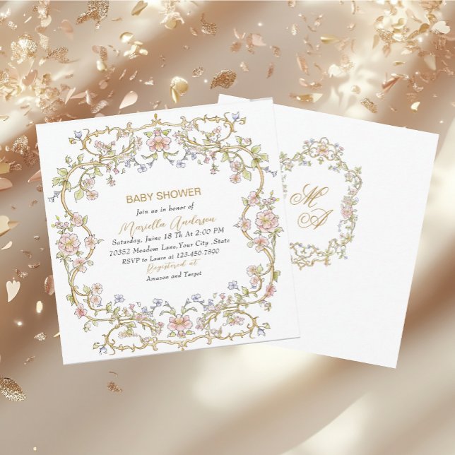 Invitación Elegante acuarela Retro Flores Marco Baby Shower (Subido por el creador)