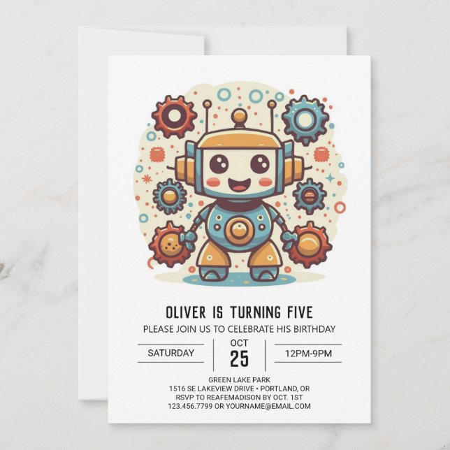 Invitación Elegante acuarela Robot mecánico cumpleaños (Anverso)