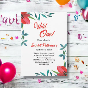 Invitación Elegante acuarela Rojo Rosa Floral Primer cumpleañ