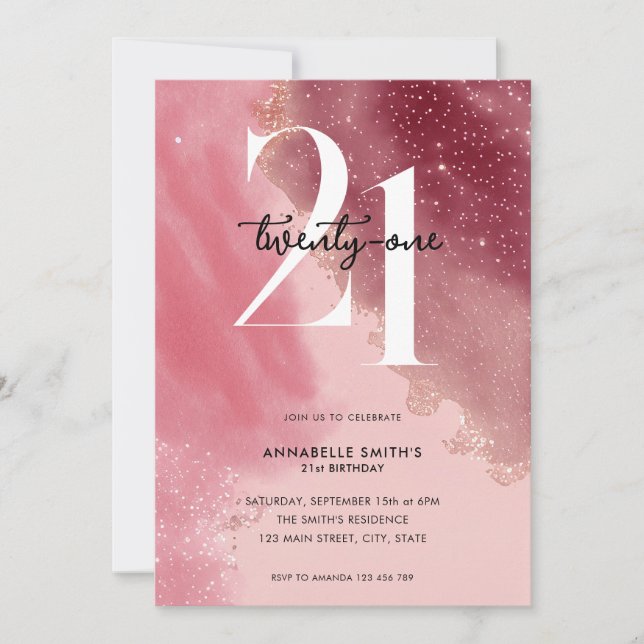 Invitación Elegante acuarela rosa 21 cumpleaños (Anverso)