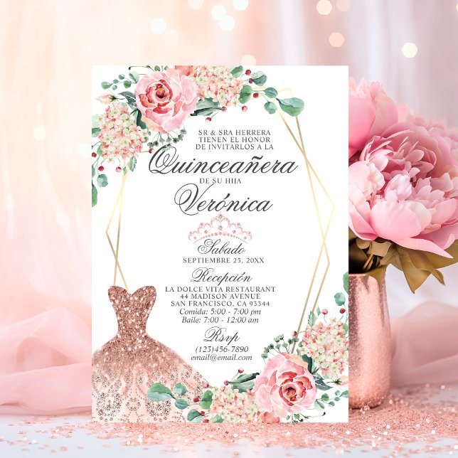 Invitación Elegante acuarela Rosa Española Quinceañera Quince (Elegant Watercolor Pink Spanish Quinceañera Quince Invitation)