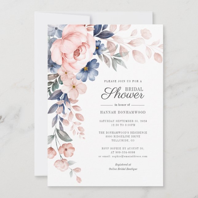 Invitación Elegante acuarela rosa Floral Bridal Shower (Anverso)