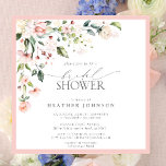 Invitación Elegante acuarela rosa Floral Bridal Shower<br><div class="desc">Moderna y elegante ducha cuadrada con flores de rosas suaves y acuarelas en tonos rosa, melocotón y blanco, con hojas botánicas verdes y exuberantes en tonos de amor y eucalipto, bordeadas de rosa. Personaliza los detalles de tu ducha de novia en suave color negro, acentuado con una bella caligrafía con...</div>