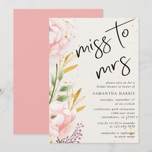 Invitación Elegante acuarela rosa Floral Bridal Shower (Anverso / Reverso)