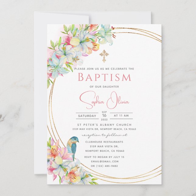 Invitación Elegante acuarela rosa Floral Chica bautismo (Anverso)