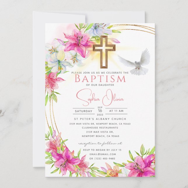 Invitación Elegante acuarela rosa Floral Chica bautismo (Anverso)