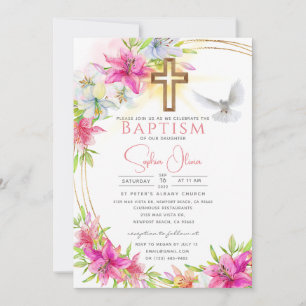 Invitación Elegante acuarela rosa Floral Chica bautismo