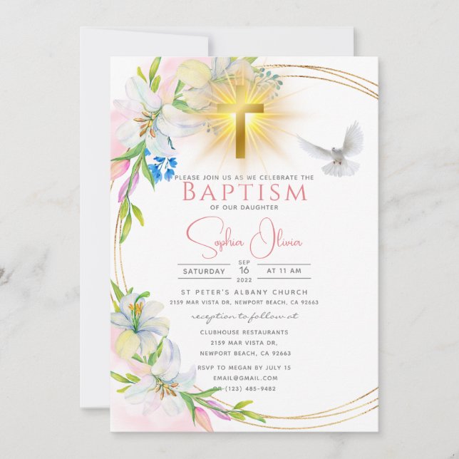 Invitación Elegante acuarela rosa Floral Chica bautismo (Anverso)