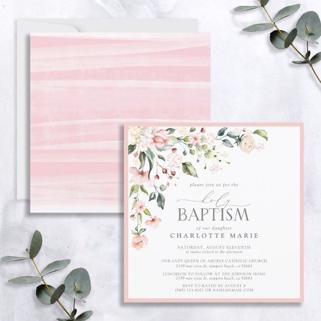 Invitación Elegante acuarela rosa Floral Chica bautismo (Subido por el creador)