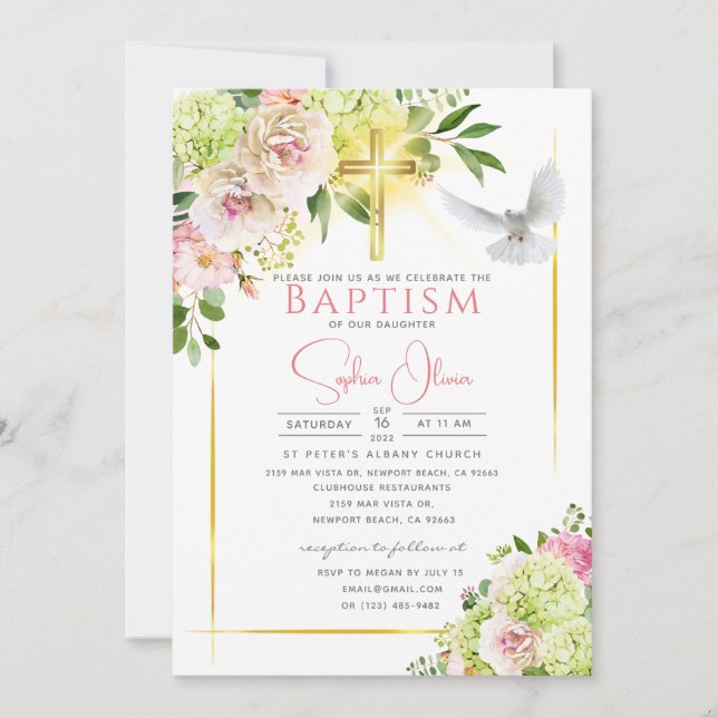 Invitación Elegante acuarela rosa Floral Chica bautismo Invit (Anverso)