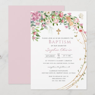 Invitación Elegante acuarela rosa Floral Chica bautismo Invit