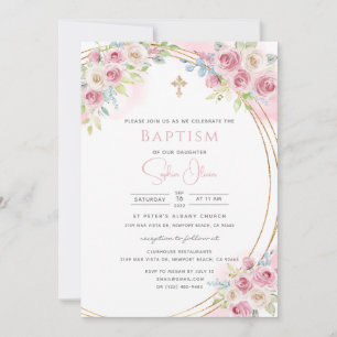 Invitación Elegante acuarela rosa Floral Chica bautismo Invit