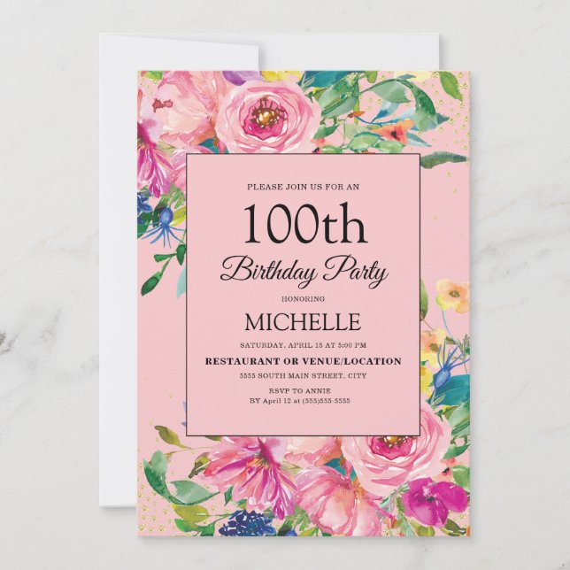 Invitación Elegante acuarela rosa Floral cumpleaños (Anverso)