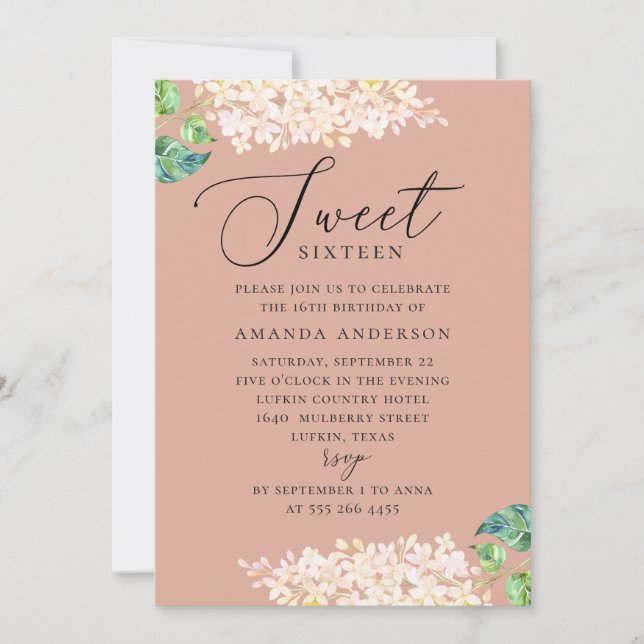 Invitación Elegante acuarela rosa floral dulce de 16 años (Anverso)