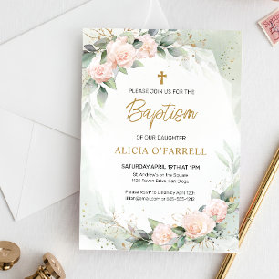 Invitación Elegante acuarela rosa Flores de vegetación Bautis
