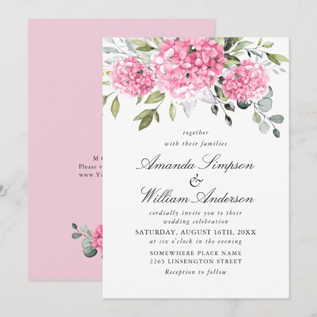 Invitación Elegante acuarela rosa Hydrangea Boda floral (Anverso / Reverso)