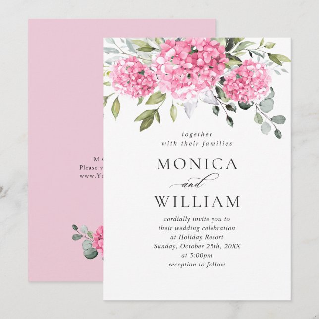 Invitación Elegante acuarela rosa Hydrangea Boda floral (Anverso / Reverso)