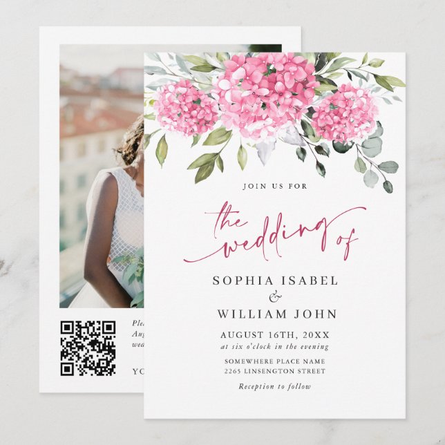 Invitación Elegante acuarela rosa Hydrangea Boda fotográfico (Anverso / Reverso)