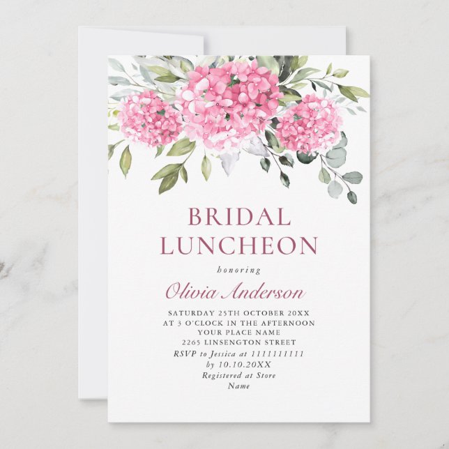 Invitación Elegante acuarela rosa Hydrangea BRIDAL LUNCHEON (Anverso)