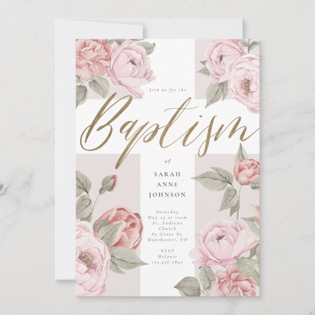 Invitación Elegante acuarela Rosa Peonies Baby Baptism Cross (Anverso)