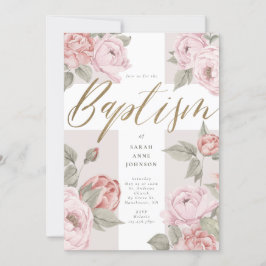 Invitación Elegante acuarela Rosa Peonies Baby Baptism Cross