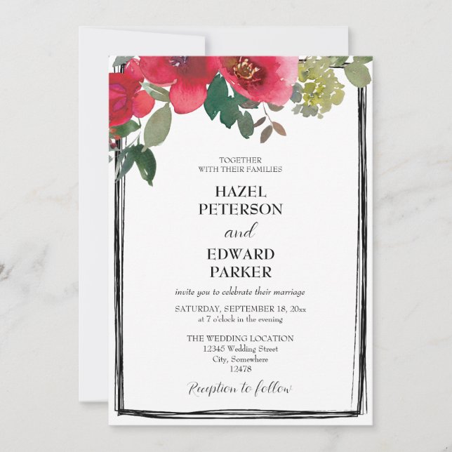 Invitación Elegante acuarela Rosa Rojo Boda floral (Anverso)