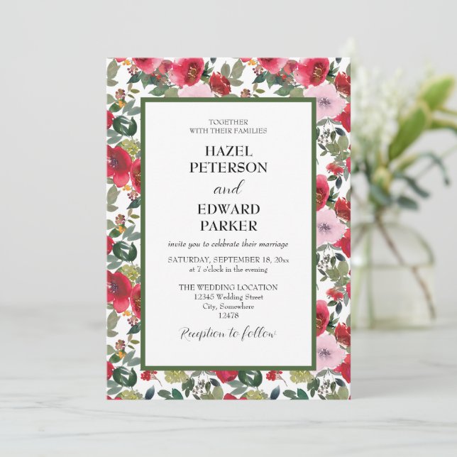 Invitación Elegante acuarela Rosa Rojo Boda floral (Anverso de pie)