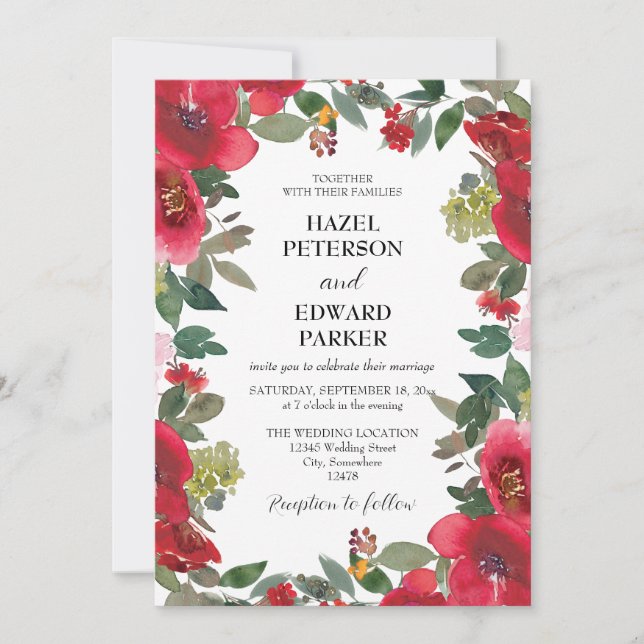 Invitación Elegante acuarela Rosa Rojo Boda floral (Anverso)