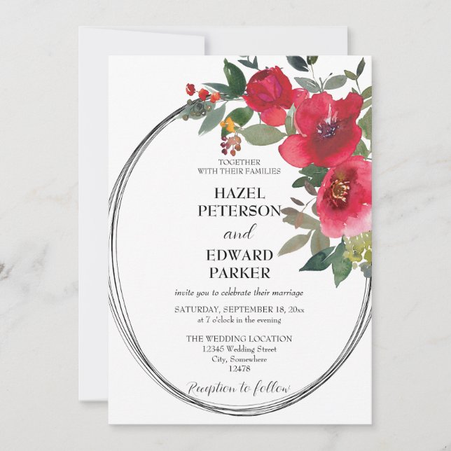 Invitación Elegante acuarela Rosa Rojo Boda floral (Anverso)