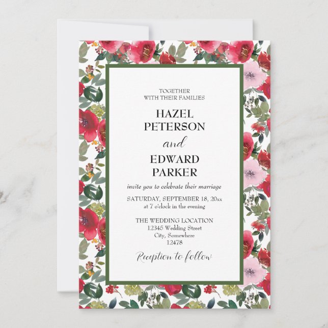Invitación Elegante acuarela Rosa Rojo Boda floral (Anverso)