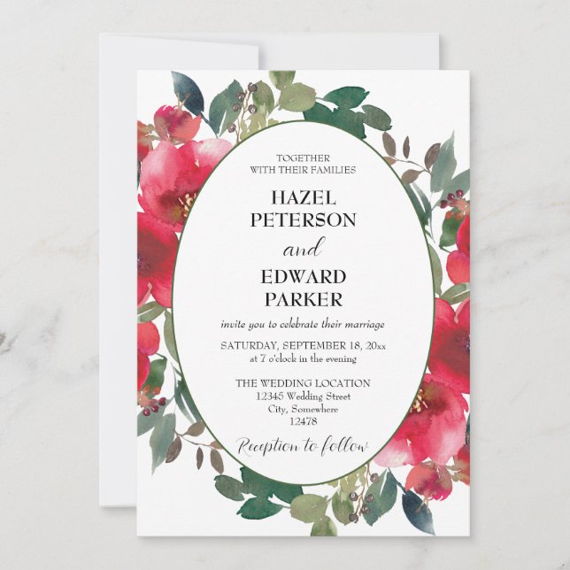 Invitación Elegante acuarela Rosa Rojo Boda floral (Anverso)