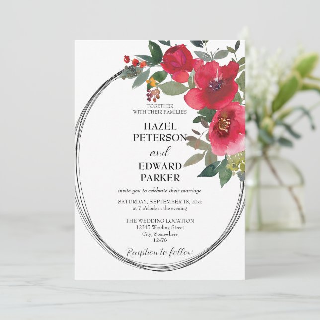 Invitación Elegante acuarela Rosa Rojo Boda floral (Anverso de pie)