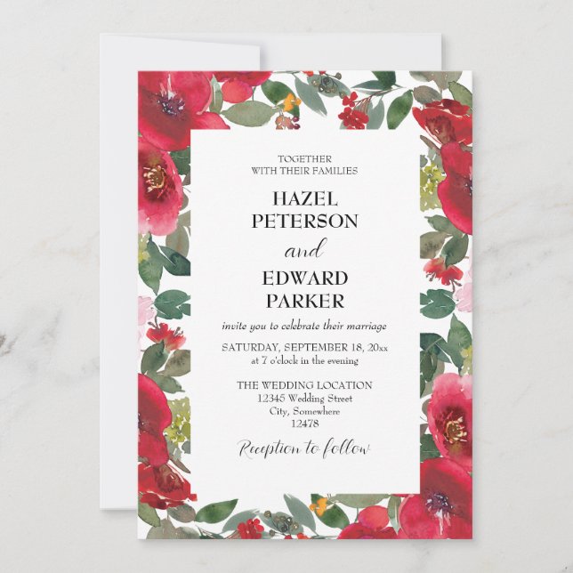 Invitación Elegante acuarela Rosa Rojo Boda floral (Anverso)